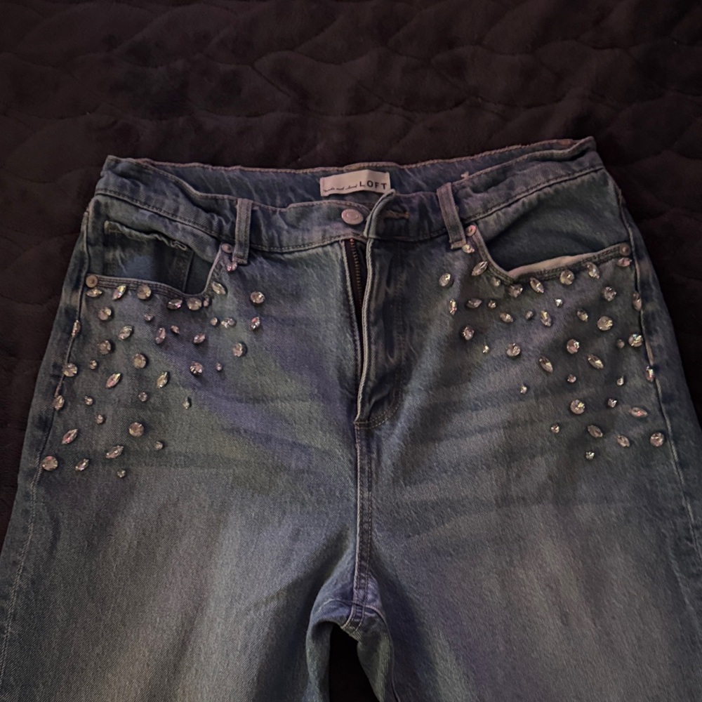 LOFT High Rise Embellished Jeans - Blue